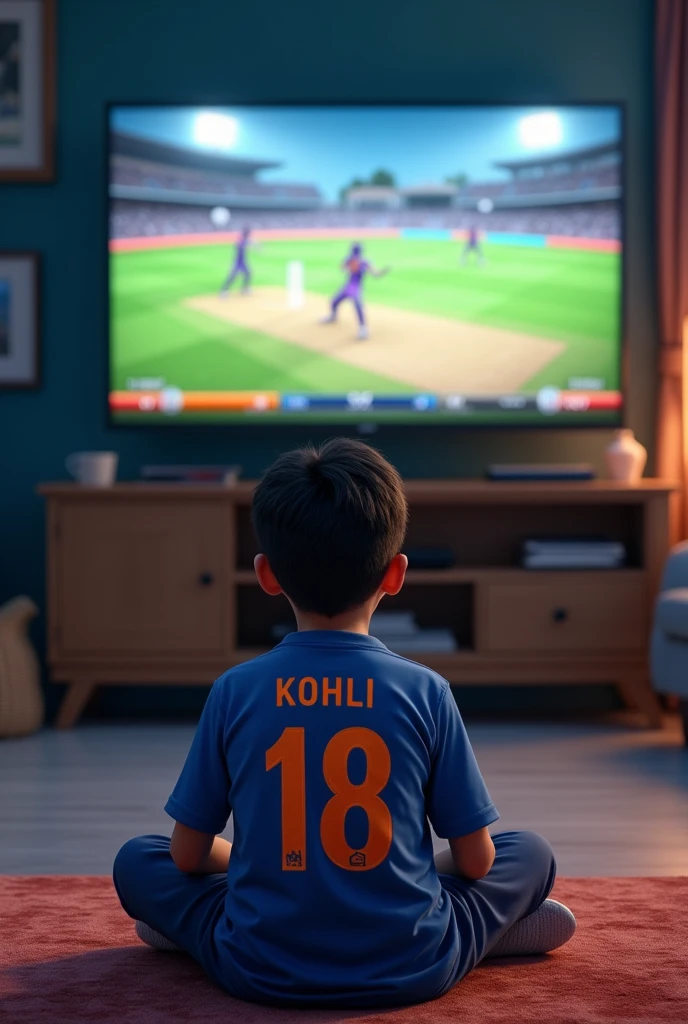 A boy watching cricket in tv and wearing virat kohli jersey number 18