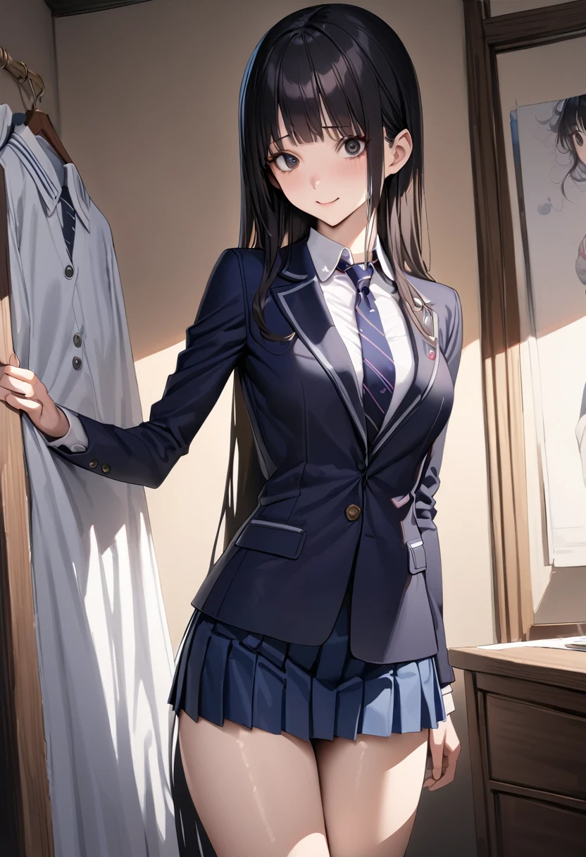 ((masterpiece,best quality anime,Highest quality:1.3)),realistic,cowboy shot,1woman,(30 year old beauty),((very small head:1.4)),((very long body:1.4)),straight long hair,black hair,(gorgeous big eyes),black eyes,shy,smile,((slender body:1.4,skinny:1.3)),medium breasts,(School uniform、Dark blue blazer jacket、Navy blue tie、White shirt),((Navy blue pleated mini skirt)),gleaming skin,shiny skin,standing,Simple bedroom、Tokyo、