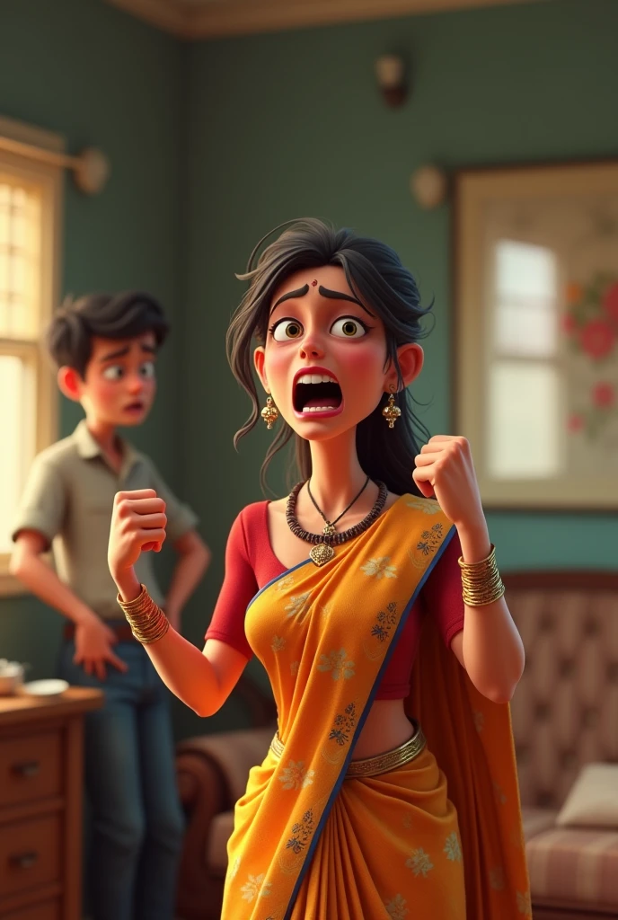 Saree wear Woman shouting on husband ai 3d cartoon type realistic image 