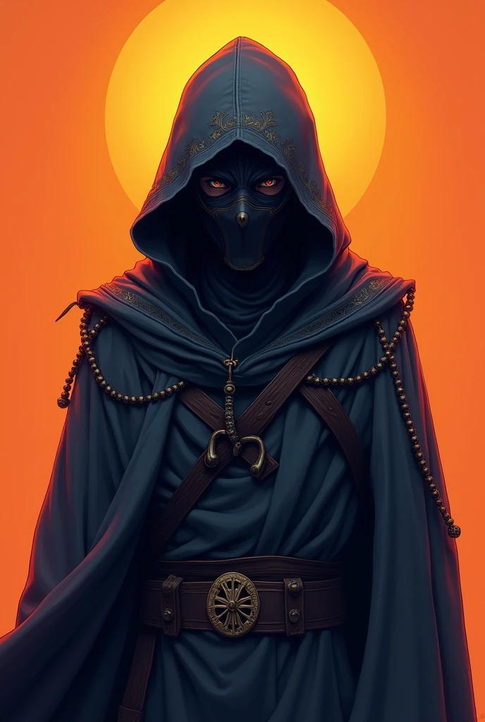 A man with a hood and a mask placed over his head , un regard perssant et un fond en orange . All this with cartoon graphics