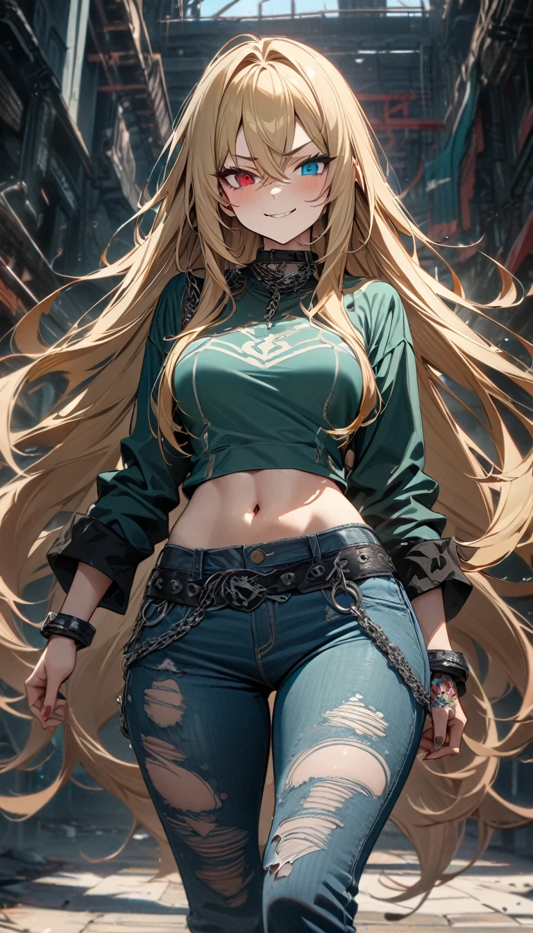 Adult girl, Heterochromia, left turquoise and right red eyes, very long blonde hair, little smirk, lot of tatoo, tight turquoise top, black elements, open belly, green tight ripped jeans, chain belts, Masterpiece, best quality, Full HD, 8k, ultra details, great graphic