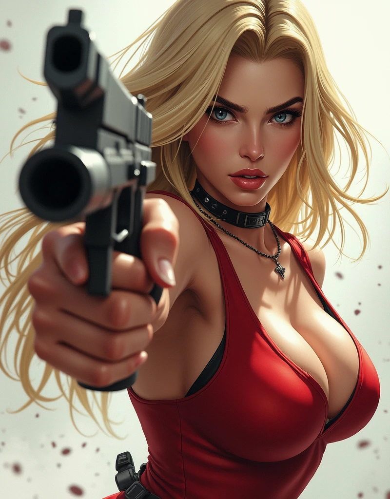 close up of woman with gun, lindosexyrobatts, cammy, high resolution commission, fighter pose, exquisite high detail fanart, lola bunny fanart, eddie mendoza, fighting pose, rudo pose, ivan talavera and artgerm style, wide legs, blonde hair, blue eyes, sfw huge boobs,huge boobs:1.6, beautiful body, sculpted body, hourglass body, thin waist
