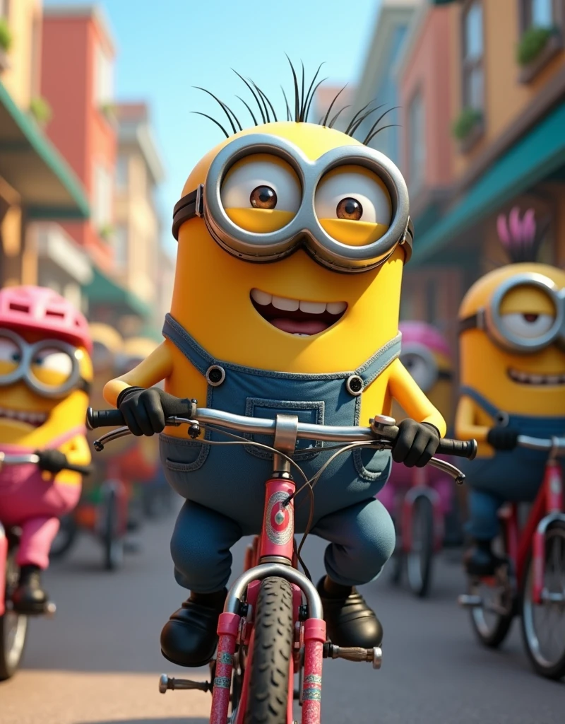 Minion Kevin happens to pass by a bike race in the neighborhood., with the other Minions cheering. He decided to participate even though he had never raced a bicycle before..