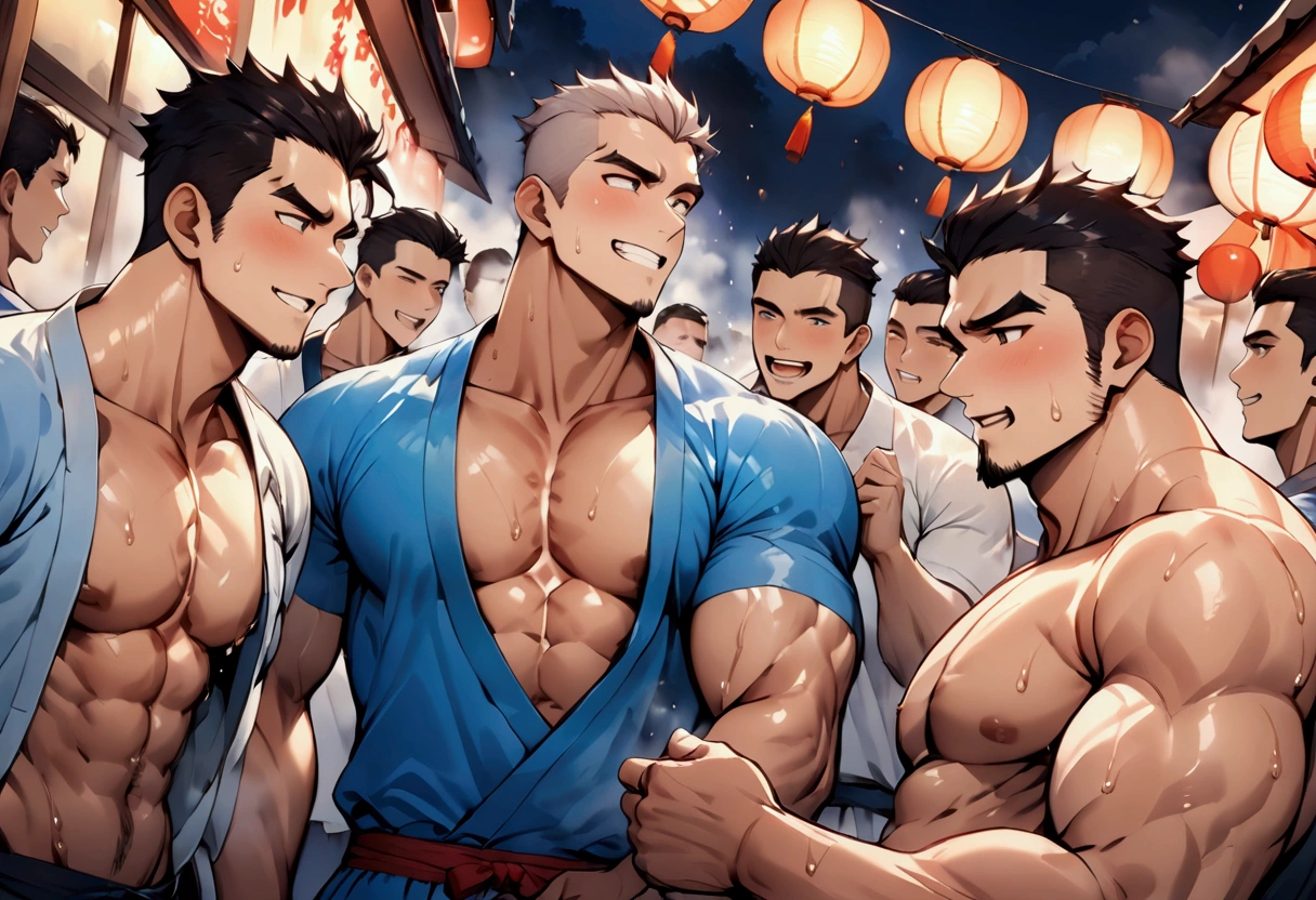 Highest quality、masterpiece、(muscular male:1.2)、(father:0.5)、Shaved head、Short Hair、Sports haircut、short hair、(sweat:1.3)、(steam:1.1)、gangbang、3boys、Ultra wide angle、Night Festival、Jinbei、looks fun