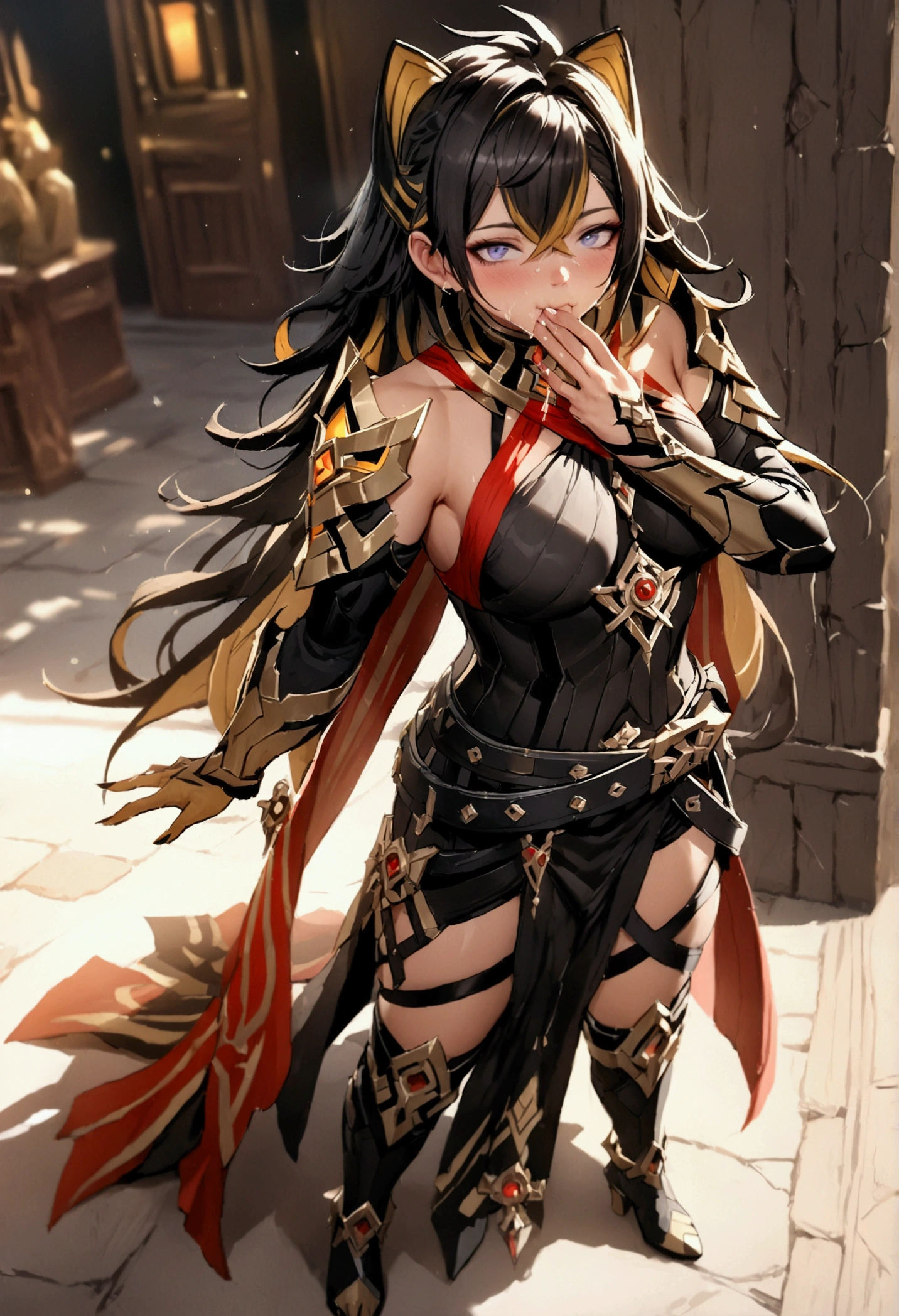 (Masterpiece. The best quality. 8K. Sharp focus. Depth of field, The best shadows. Perfect lighting. HDR. Realistic skin texture. Ultra-detailed background. Detailing). Dehya. Genshin Impact. snotty sneezing. Snot. Nasal mucus. Snotty spray. Achoo. Sneeze in her hands. Standing. Full body.