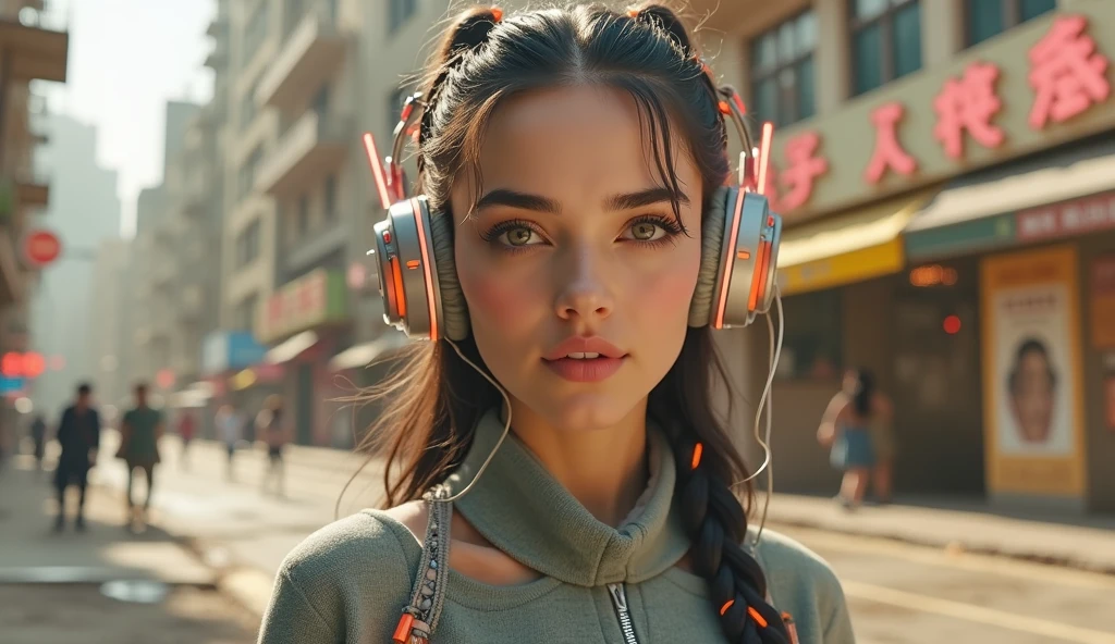 cyberpunk Persian girl, glowing wires, headphone, dark city, reflective puddles, neon signs,, Photorealistic, Hyperrealistic, Hyperdetailed, analog style, soft lighting, subsurface scattering, realistic, heavy shadow, masterpiece, best quality, ultra realistic, 8k, golden ratio, Intricate, High Detail, film photography, soft focus, RAW candid cinema, 16mm, color graded portra 400 film, remarkable color, ultra realistic,