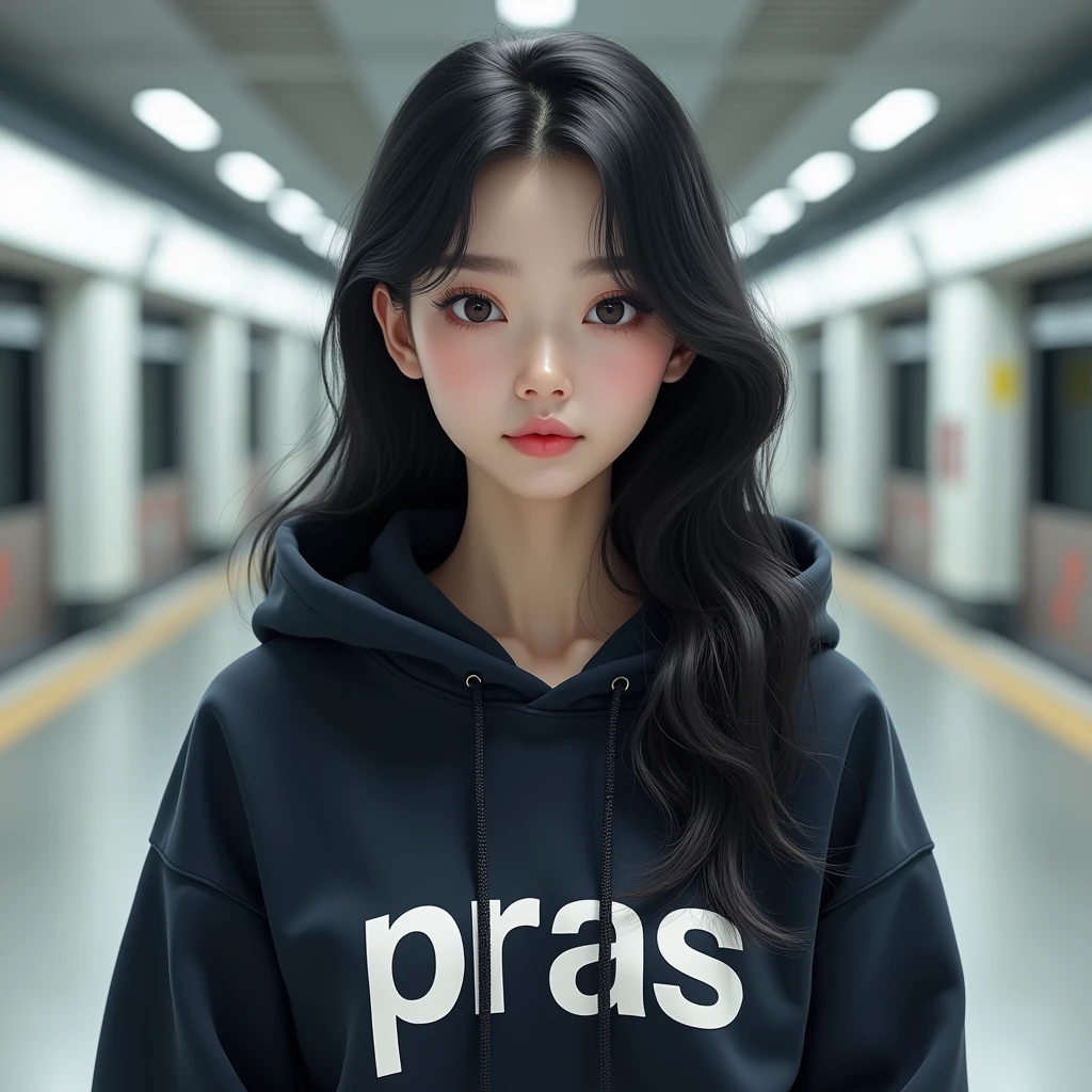 create a realistic people hoodie, background: MRT station, hoodie insert the HD text: “Pras”, HD, realistic, female, age 25, beautiful korean style, full body