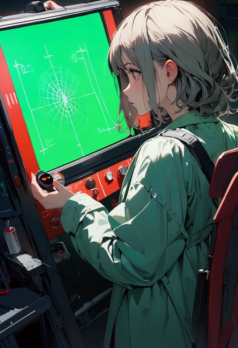 A girl holding an Emf meter with red, yellow,green screen and had a needle radar on a screen