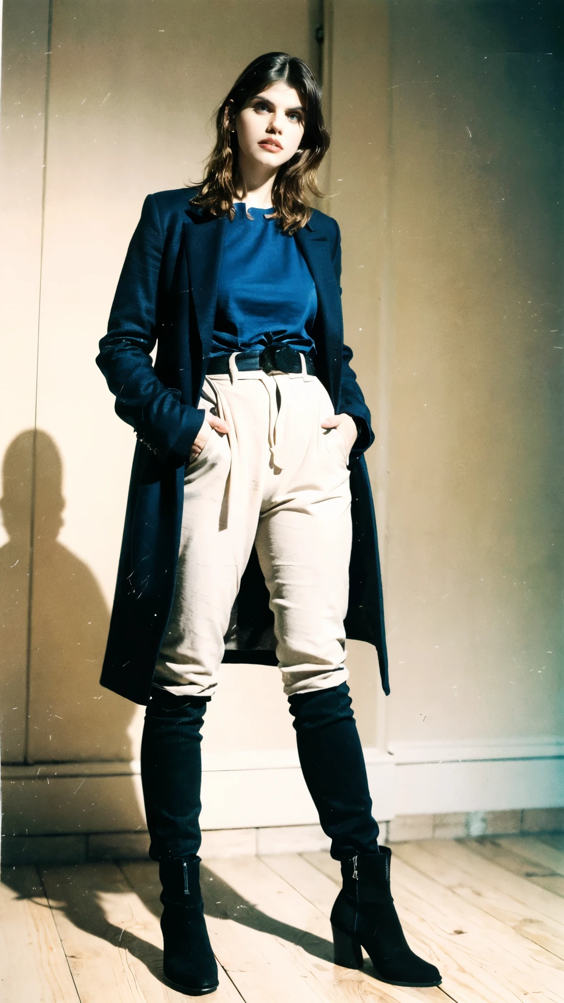 (masterpiece:1.2, best quality:1.2, extremely delicate:1.2), ((Alexandra Daddario:1.2)), a young women with medium-length teal blue long hair, middle part bangs, determined gaze, well-defined facial features, calm expression, sturdy physique, a fantasy-style white long coat with purple-blue patterns, asymmetrical hem, a black belt, gloves, fabric trousers, leather boots, blue and red energy swirling around her, impacting the grassland with their diffused aura, this character embodies a finely crafted fantasy martial arts-style heroine, exquisite photography, Photo realism, photorealistic, goddess, pale skin, perfect skin, textured skin, detailed skin, porcelain skin, dramatic, high definition, highres, ultra-detailed, ultra-fine painting, professional, perfect body proportions, golden ratio, anatomically correct, symmetrical face, perfect eyes, extremely detailed eyes and face, high quality eyes, creativity, RAW photo, UHD, 32k, Natural light, cinematic lighting, (masterpiece-anatomy-perfect:1.2)