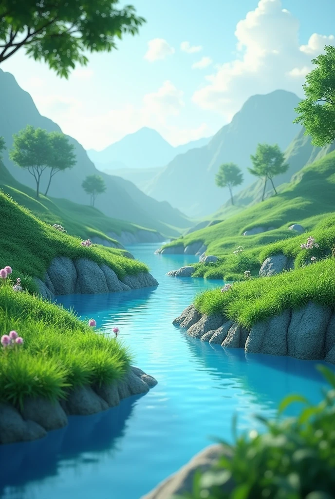 Reincarnation 3D landscape with no people in the background and a beautiful blue spring