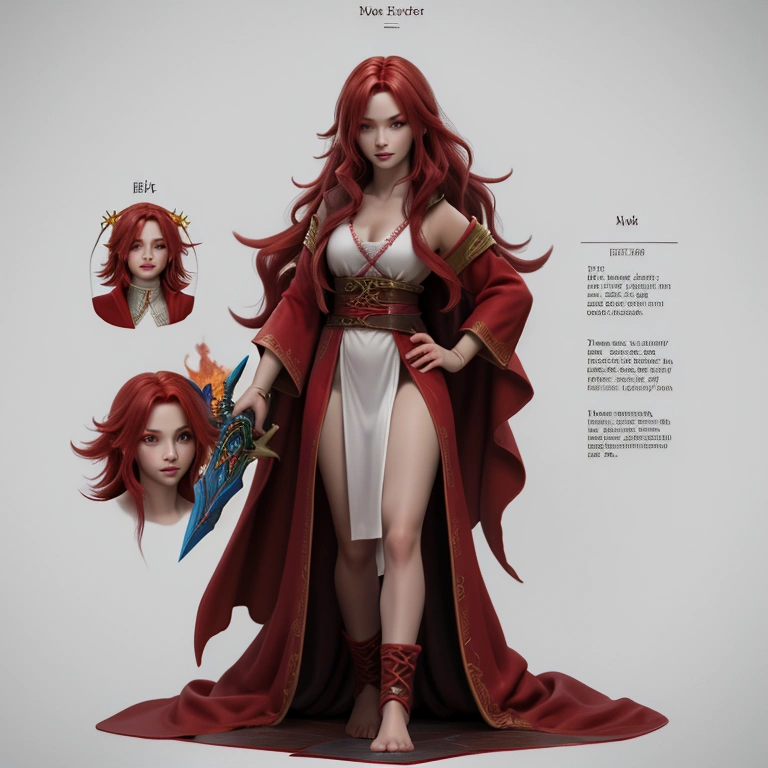 A female mage fighter with flowing red hair, dressed in a tattered robe, casting a fiery spell with one hand while wielding Character Sheet, 12 yo student, Full body, Simple white background, front pose character reference sheet, Concept art, design sheet