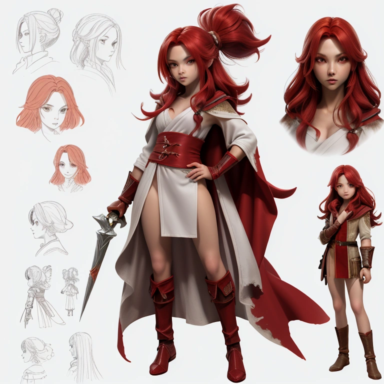 A female mage fighter with flowing red hair, dressed in a tattered robe, casting a fiery spell with one hand while wielding Character Sheet, , Full body, Simple white background, front pose character reference sheet, Concept art, design sheet