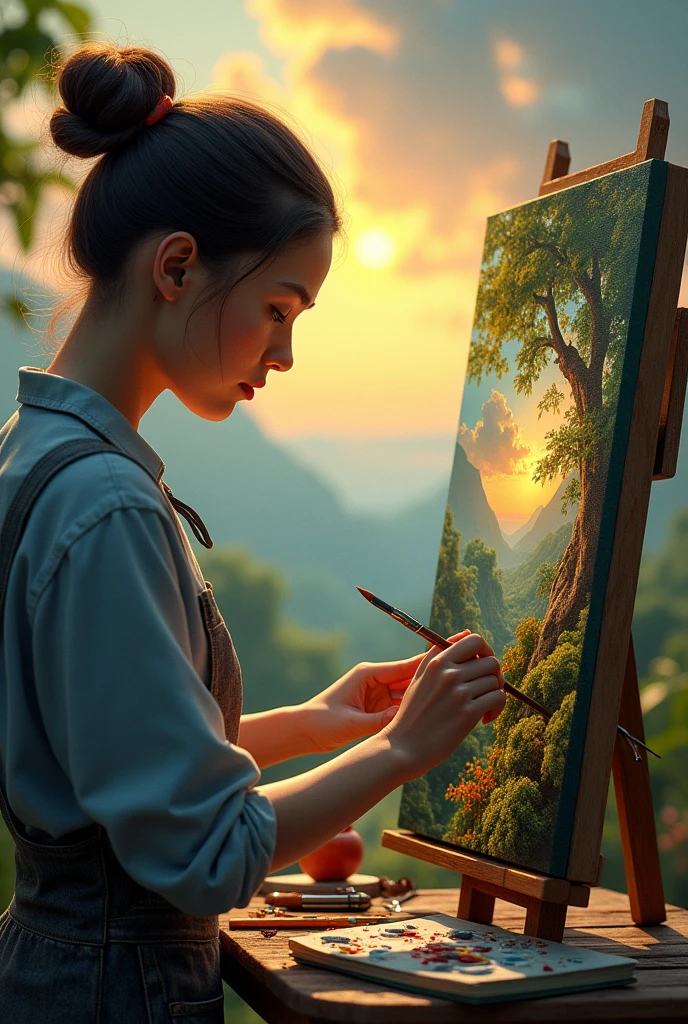 A stunning photo capturing the fusion of talent and art in a single image. The subject, a talented artist, is skillfully painting a
vibrant and realistic portrait. The artist's hands are depicted in a creative motion, while a palette of rich colors and brushes surround them. The background showcases the finished masterpiece, a breathtaking landscape filled with lush greenery and a golden sunset., 3d render, poster, painting
