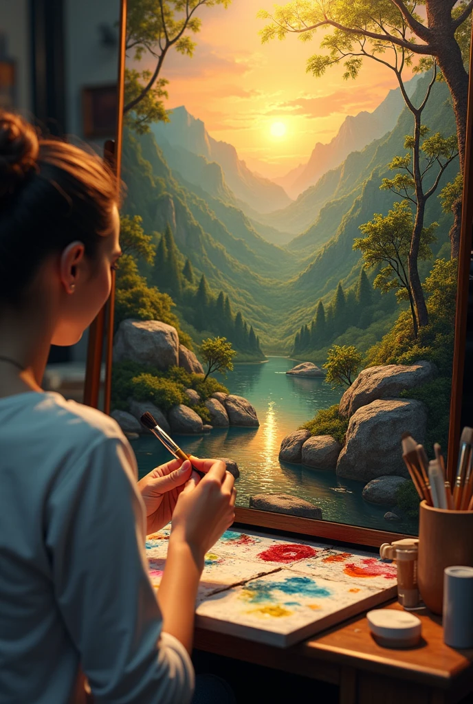 A stunning photo capturing the fusion of talent and art in a single image. The subject, a talented artist, is skillfully painting a
vibrant and realistic portrait. The artist's hands are depicted in a creative motion, while a palette of rich colors and brushes surround them. The background showcases the finished masterpiece, a breathtaking landscape filled with lush greenery and a golden sunset., 3d render, poster, painting