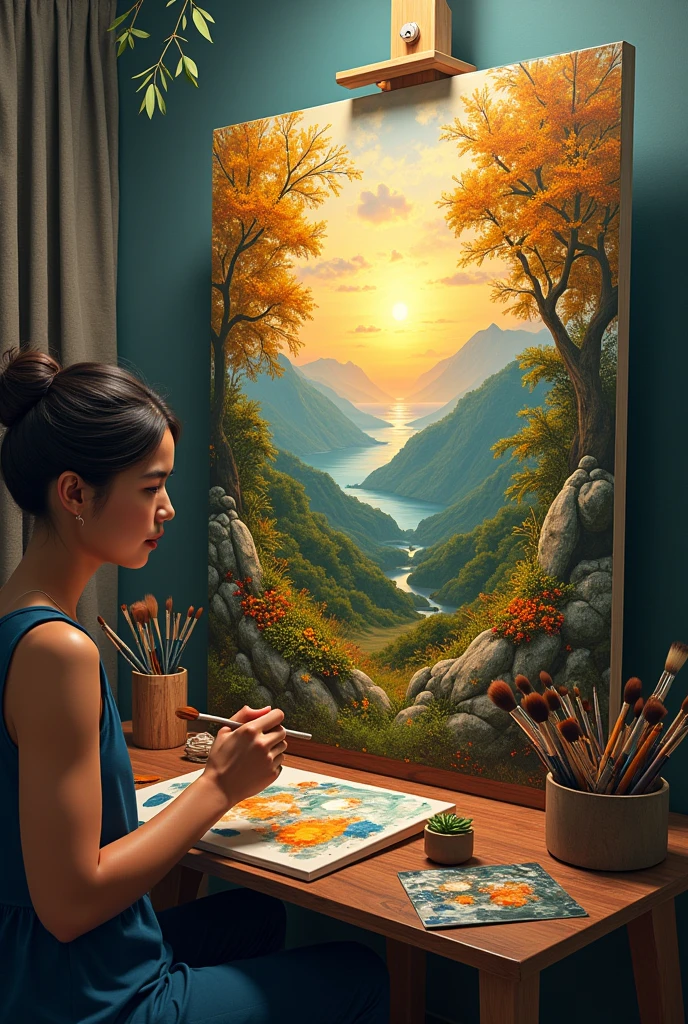 A stunning photo capturing the fusion of talent and art in a single image. The subject, a talented artist, is skillfully painting a
vibrant and realistic portrait. The artist's hands are depicted in a creative motion, while a palette of rich colors and brushes surround them. The background showcases the finished masterpiece, a breathtaking landscape filled with lush greenery and a golden sunset., 3d render, poster, painting
