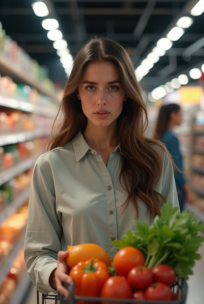  Beautiful brunette woman shopping for groceries for the forst time nervous and acious andcsweating