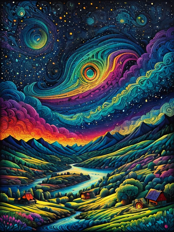 Masterpiece, best composition, dynamic composition, colorful landscape painting with big eyeballs and fields and rivers, big eyeballs in the sky, psychedelic landscape, vivid oil painting, vivid abstract landscape, color field painting. 8K, stunning colorful landscape, detailed impasto, colorful oil painting, colorful sky, large colorful image.