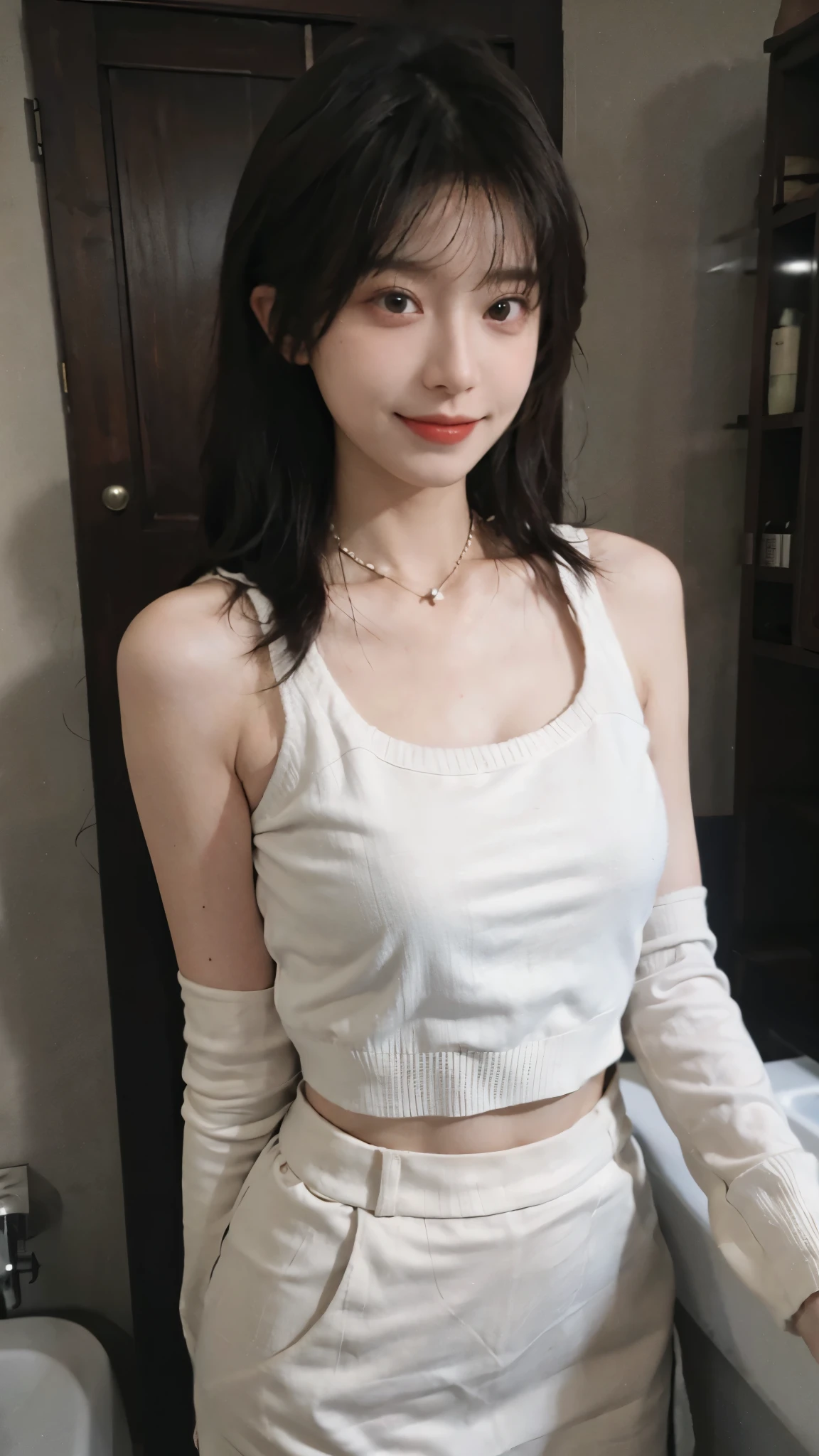 best qualtiy, Ultra-high resolution, (realisticlying:1.4),cute hairpin,Baoyu Girl,1girll,Cropped red sweater ,Beautiful woman with a slim figure:1.4, abs:1.1, (A brown-haired, mideum breasts:1.3), bathroom,Ultra-fine face,Elaborate Eyes,double eyelid,ssmile,choker necklace