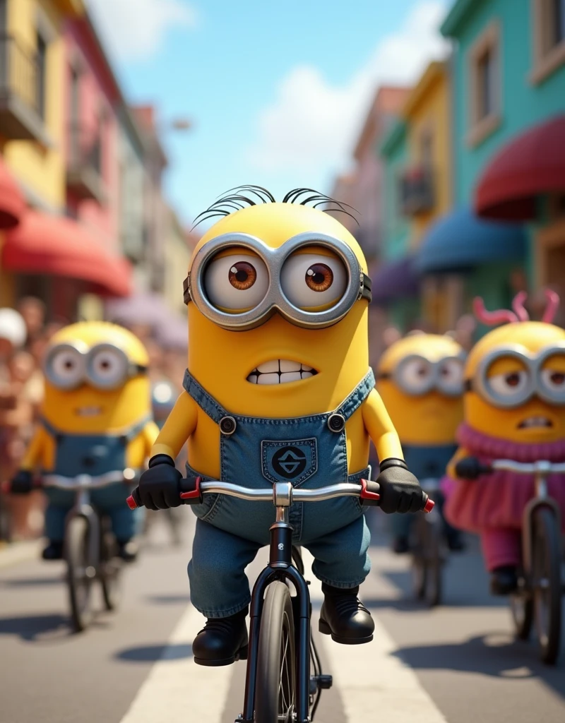 Minion Kevin happens to pass by a bike race in the neighborhood., with the other Minions cheering. He decided to participate even though he had never raced a bicycle before..