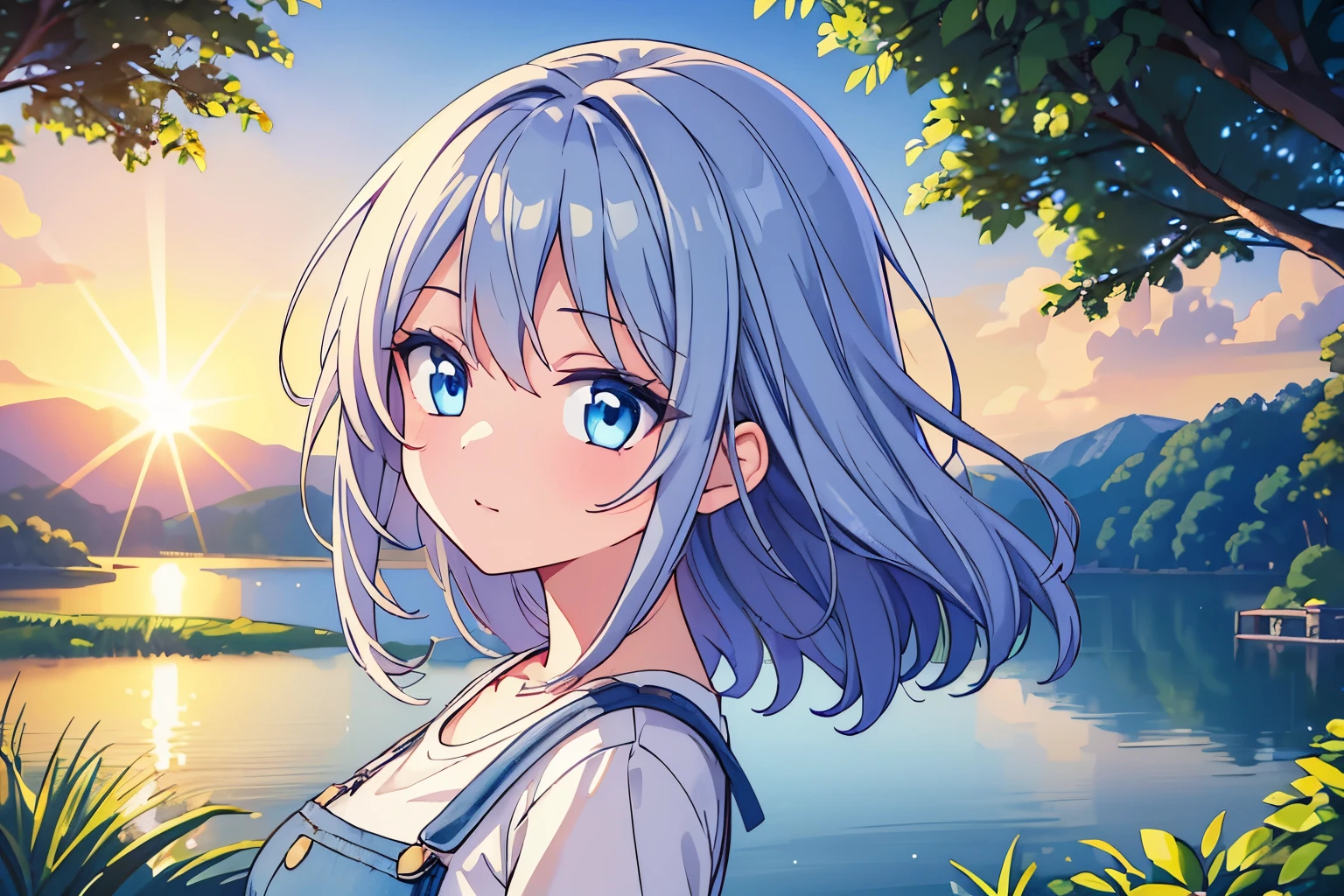 1girl, Cute, Gray medium hair, Blue Eyes, detailed beautiful face and eyes, T-shirt, Overalls, lake, nature, the morning sun rises, golden hour, sunlight, (wide shot:1.2), side view, Upper Body Shot, very detailed background, (best quality, 4k, highres, masterpiece:1.2), ultra-detailed, Perfect Face, Perfect Arms, anime, Ultra-fine illustration, 