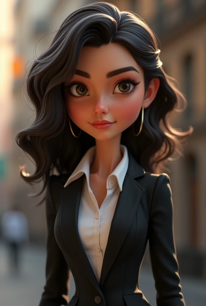 Cartoon character of a woman, black blazer with white shirt, animation character, stylized character pixar, animation style rendering, 3d stylized, Arnold Maya rendering, real body proportions, Stylized 3D rendering, toon render screenshot, 3d character, 3d character, Stylized 3D rendering, 3D character rendering, cartoon character, Personagem de close up, character posing, (Pixar-style) (master part:1.2) (bokeh) (best qualityer) (skin detailed) (detailed texture) (8k) (Argilla) (cinematic lighting) (sharp focus