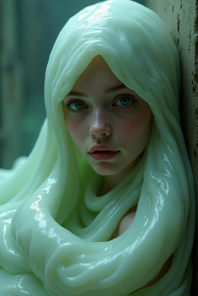 A beautiful girl is absorbed by slime, and her body is taken over by slime, her whole body is covered in slime, the girl is trapped in the slime's body.girl is wil die, The girl couldn't breathe.,Her face and entire body were covered in mucus.