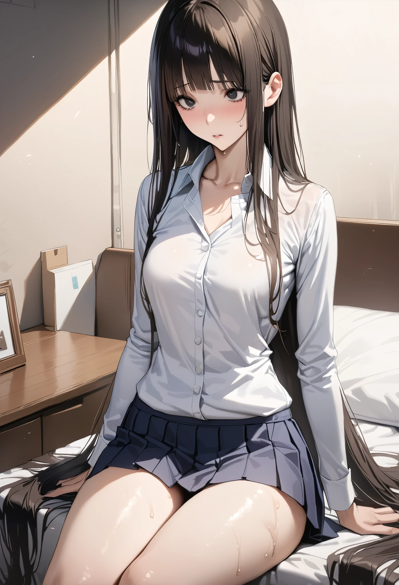 ((masterpiece,best quality anime,Highest quality:1.3)),realistic,cowboy shot,1woman,(30 year old beauty),((very small head:1.4)),((very long body:1.4)),straight long hair,black hair,(gorgeous big eyes),black eyes,shy,((slender body:1.4,skinny:1.3)),medium breasts,(School uniform、white collared shirt,Long sleeve、pleated navy mini skirt),sweat:1.3,gleaming skin,shiny skin,sitting,Simple bed、Simple bedroom、Tokyo、