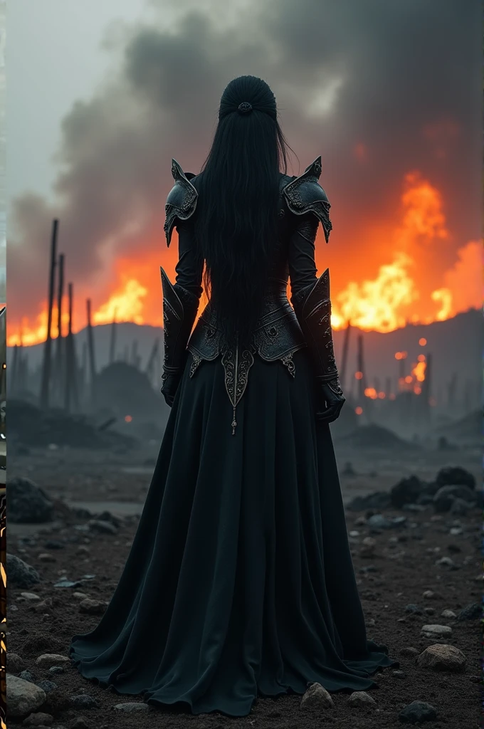 A gothic warrior woman dressed in black long black hair in a burning devastated battlefield
