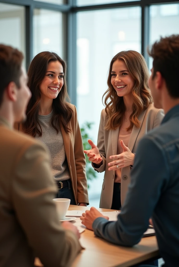 Young people facing each other in the office,Looks happy