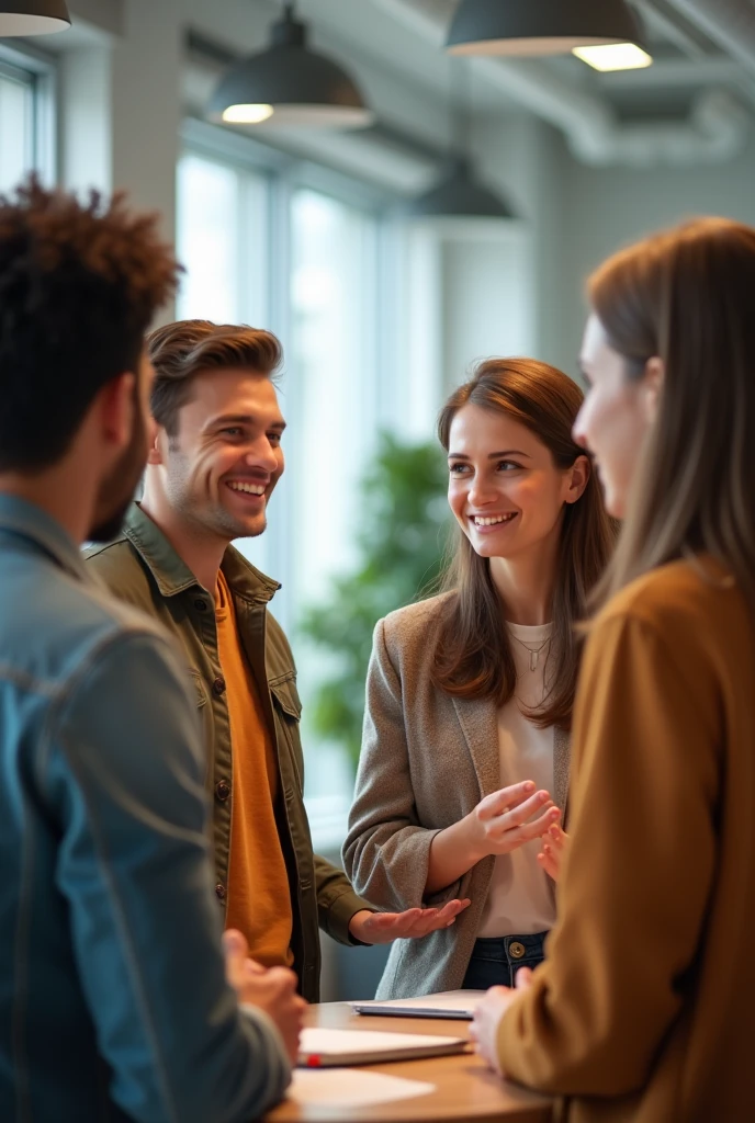 Young people facing each other in the office,Looks happy