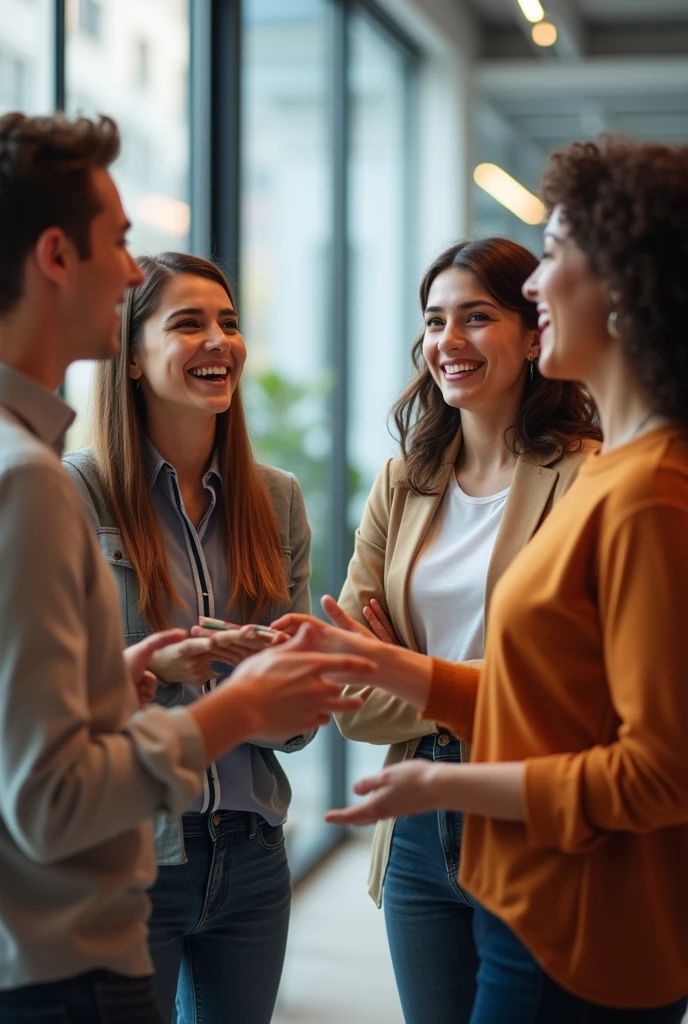 Young people facing each other in the office,Looks happy
