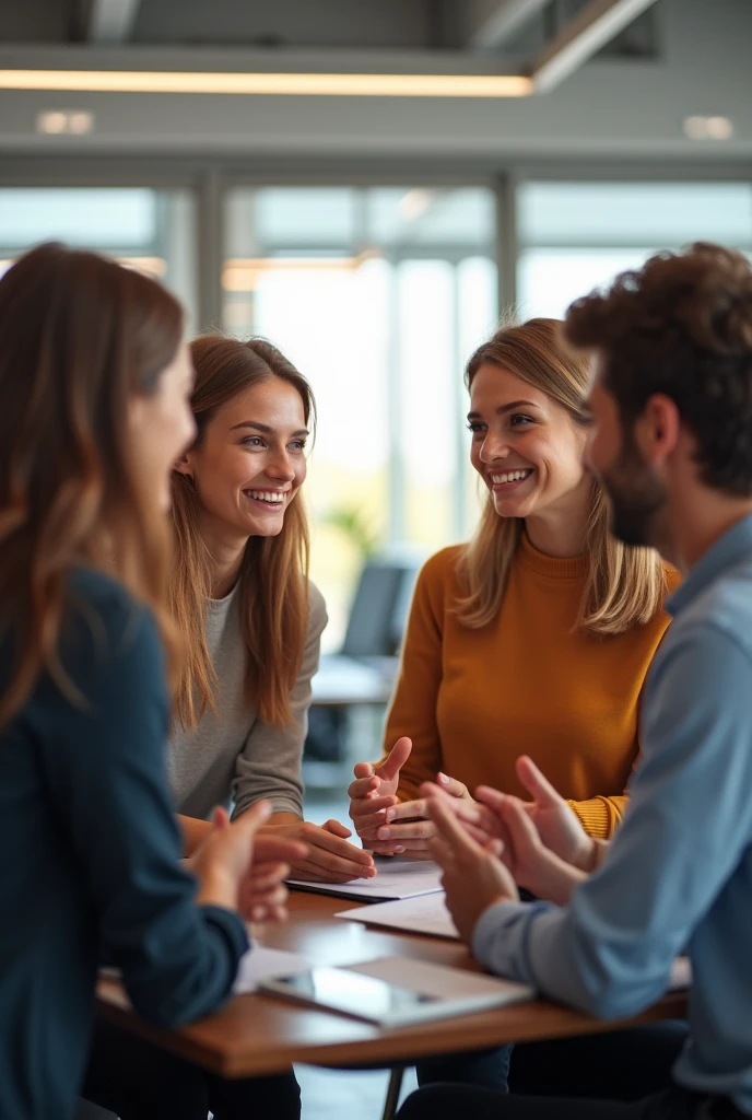 Young people facing each other in the office,Looks happy