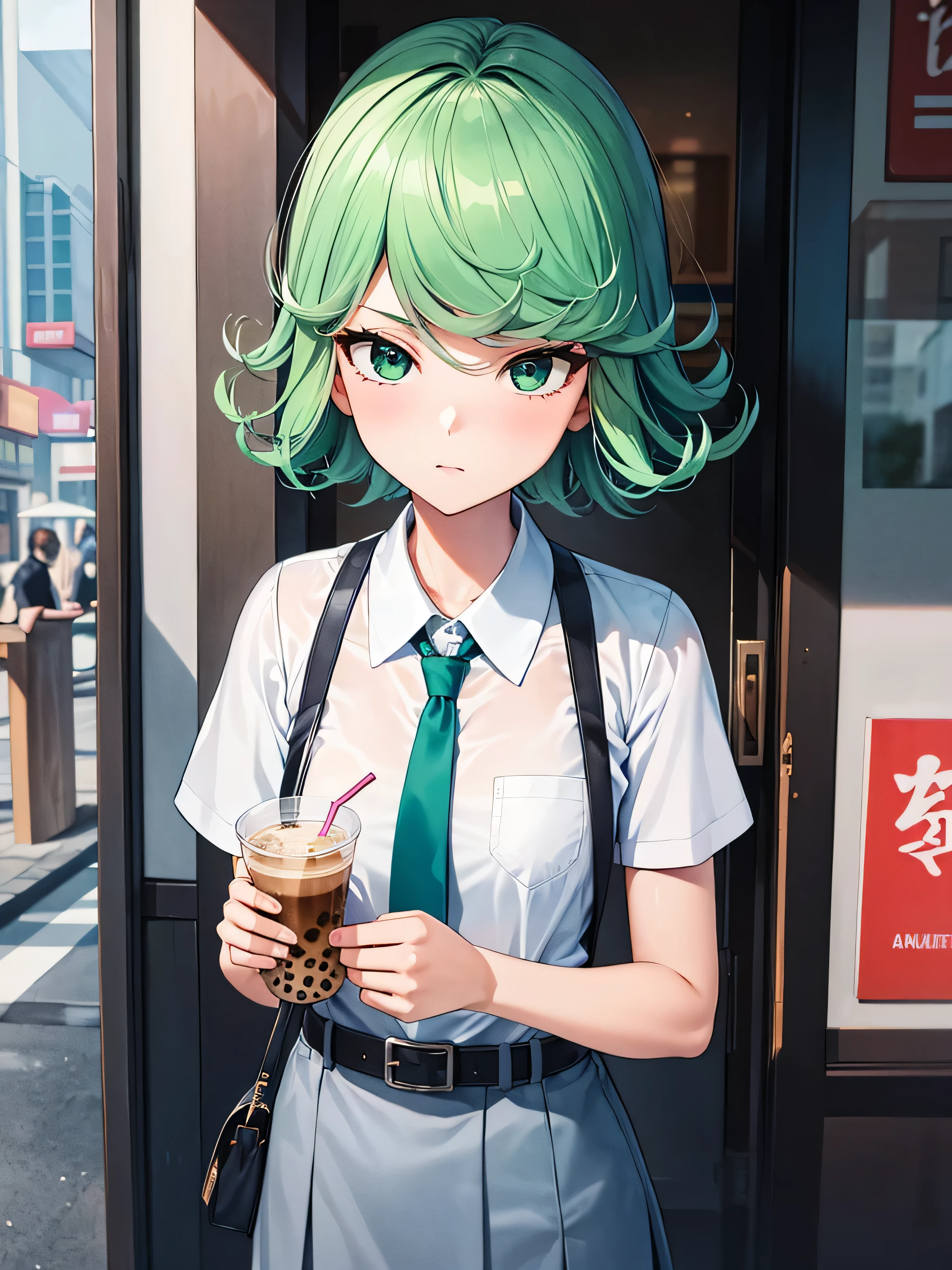 (high res, 8K, masterpiece, looking at viewer, best quality, very aesthetic, ultra detailed, ultra background, ultra Eyes) intricate details, 1girl, Tatsumaki, Chibi, short sleeved white shirt, Light Blue Gray short skirt, Pockets on the left chest, Light Blue Gray Tie, Wearing a belt, Black Sling bag, green short hair, green eyes, drinking bubble milk tea, normal face, Background City, Store, Cinematic Angle