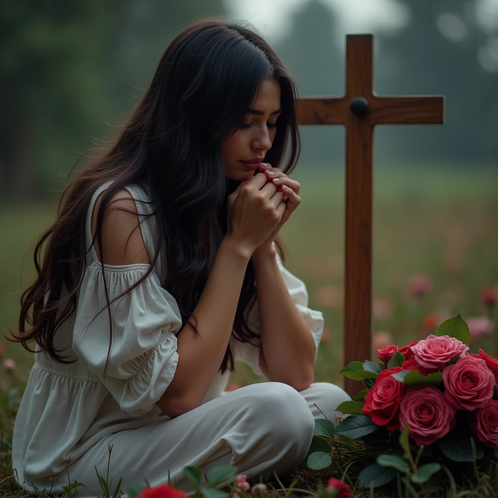 Young pretty, sexy woman, long dark hair kneeling crying, in front of her parents' grave, crucifix, Floral, natta.