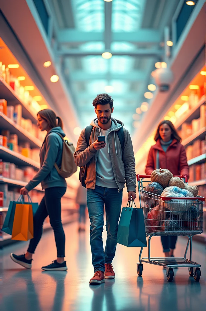 create a poster with 3 consumer (1st consumer (front position) checking the products) (2nd consumer (left position) holding shopping bags) (3rd consumer (right position) pushing a shopping cart)