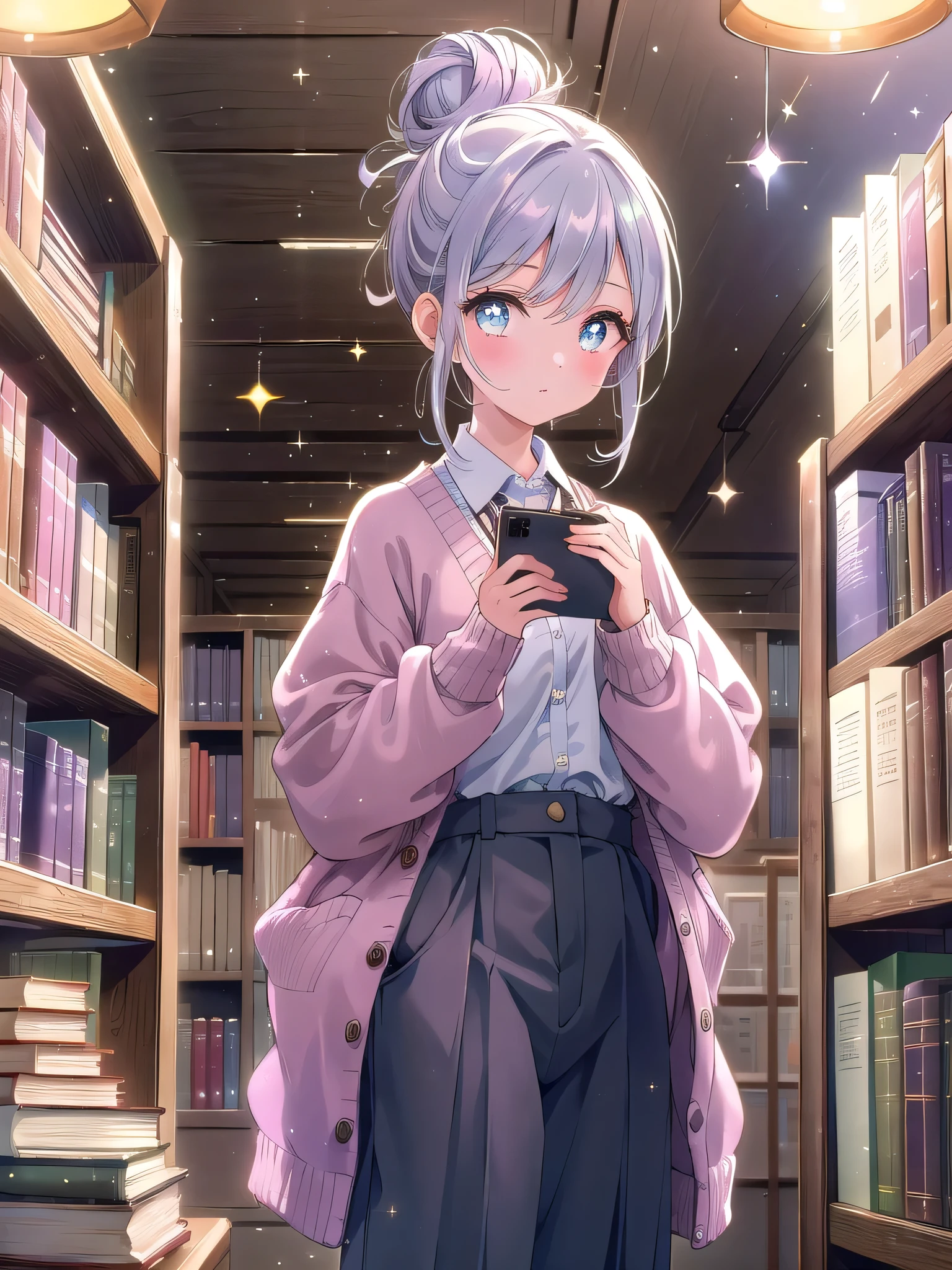 ((8k, Highest quality, masterpiece: 1.3)),Ultra-high resolution,(1 girl, alone), (Color changing eyes, Ultra-detailed, Expressive brilliance, Glitter, Glowing Eyes), Highly detailed eyes, Highly detailed face, Random Hair, ((pastel colour)) The woman is working as a librarian in a quaint local library. She’s carefully placing books on a high shelf, standing on a small step stool. The library is quiet, with rows of bookshelves, wooden tables, and soft overhead lighting. She’s dressed in a cozy cardigan over a blouse and comfortable slacks, with her hair styled in a neat bun. She looks at the camera with a serene, focused expression, embodying the calm atmosphere of the library.