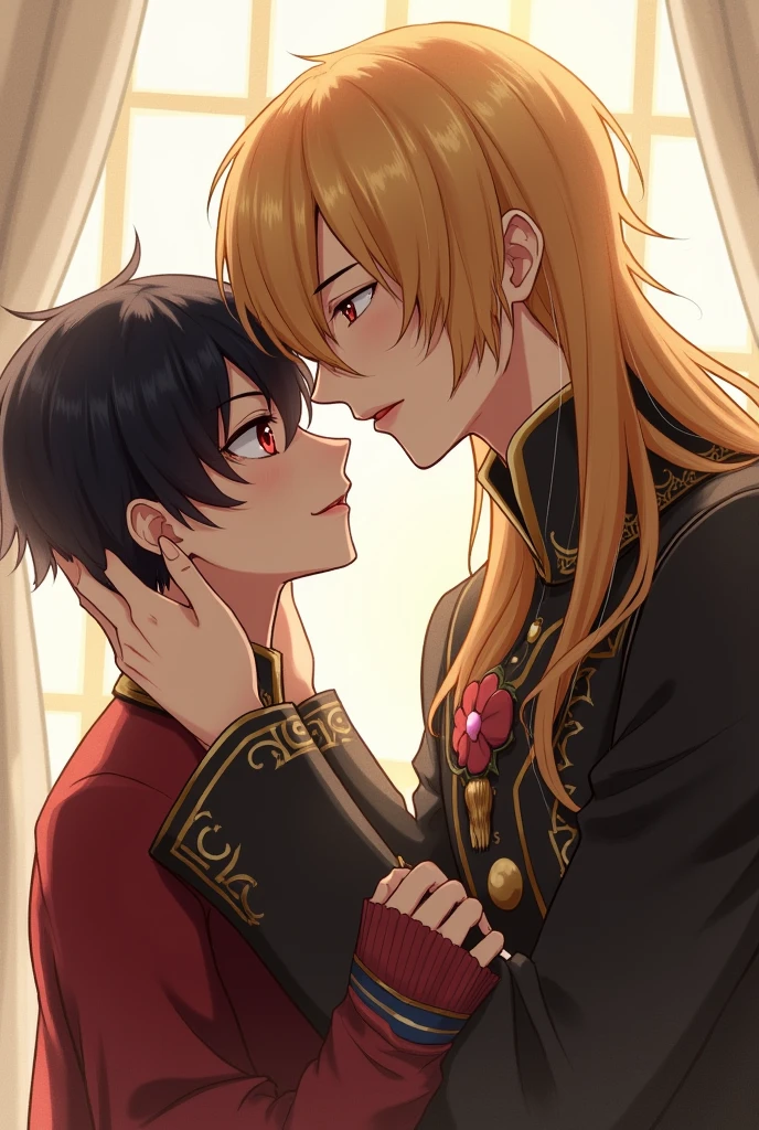 The boy with black short hair and red eyes pretty and cute, dressed in royal attire, is looking up at a taller boy with long golden hair and golden eyes, who is handsome and masculine. The boy with golden hair gently tucks the black-haired boy's hair behind his ear while gazing at him and smiling affectionately. Black hair boy is , golden hair boy is .
