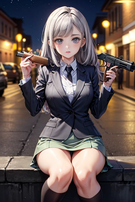 Highest quality、Ultra HD、One Woman、(Silver long hair 1.3)、(Green blazer 1.3)、(White tight mini skirt 1.3)、(Black tie)、(Black loafers 1.1)、((Shooting a gun 1.2))、(Large Breasts)、(Thighs)、(Black knee-highs 1.2)、(Beautiful face with sharp eyes 1.2)、40-year-old woman、Slender body、(Evening school background 1.2)、((Clear and beautiful touch))