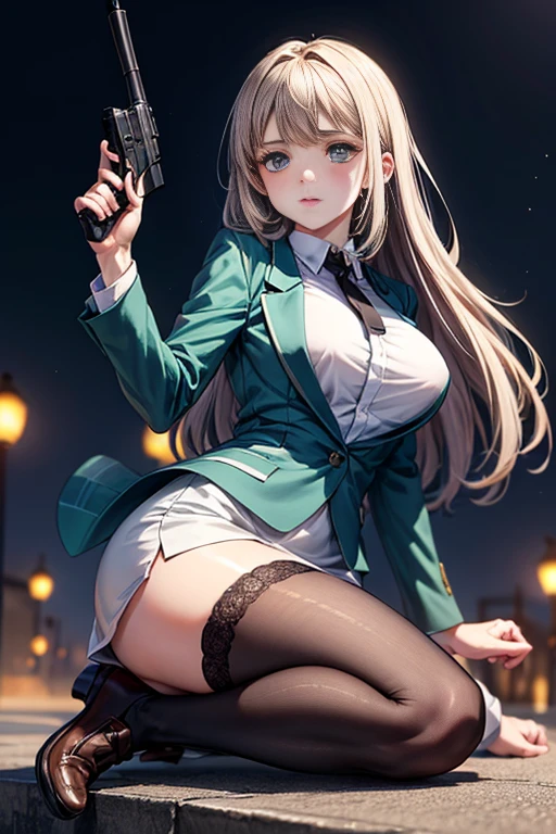 Highest quality、Ultra HD、One Woman、(Silver long hair 1.3)、(Green blazer 1.3)、(White tight mini skirt 1.3)、(Black tie)、(Black loafers 1.1)、((Shooting a gun 1.2))、(Large Breasts)、(Thighs)、(Black knee-highs 1.2)、(Beautiful face with sharp eyes 1.2)、40-year-old woman、Slender body、(Evening school background 1.2)、((Clear and beautiful touch))