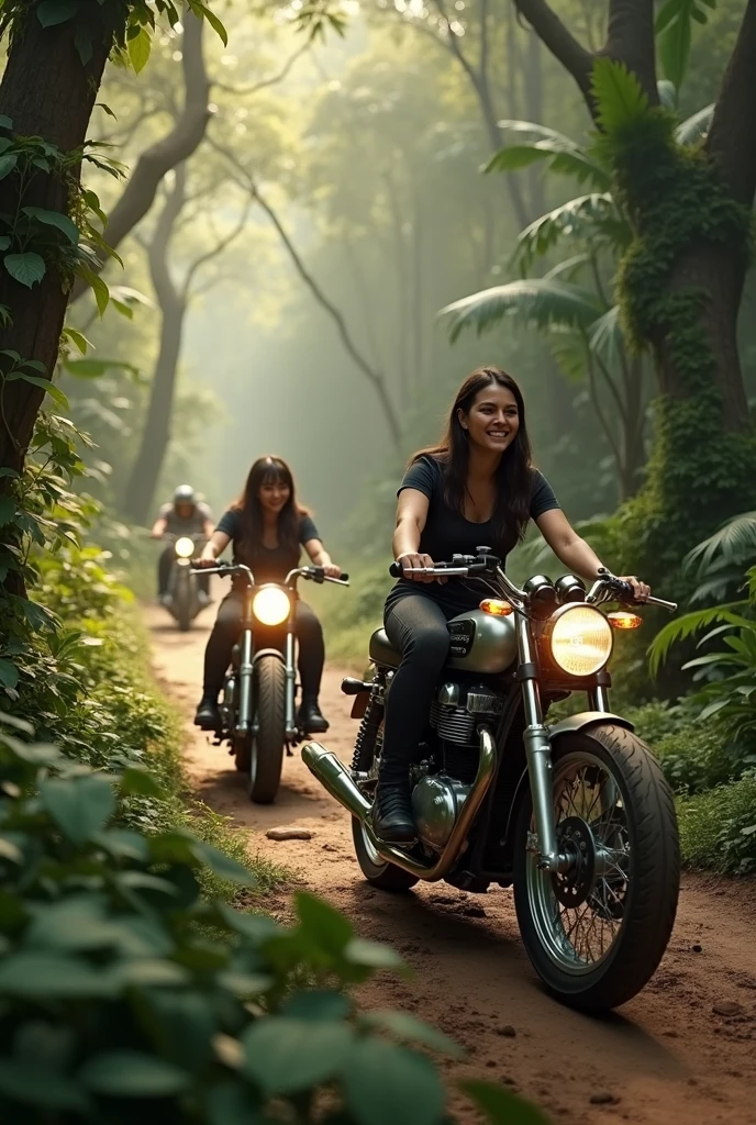 Exploring the heart of the jungle on two wheels with friends -where every trail leads to adventure and every moment is a new discovery , metal body reflection, hyper realistic,minut details dence forest, 4k quality , evening time, extreme detailing , fantacy world ,