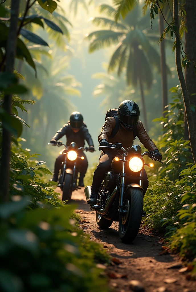 Exploring the heart of the jungle on two wheels with friends -where every trail leads to adventure and every moment is a new discovery , metal body reflection, hyper realistic,minut details dence forest, 4k quality , evening time, extreme detailing , fantacy world ,