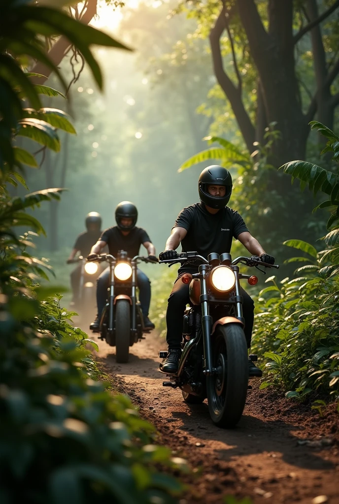 Exploring the heart of the jungle on two wheels with friends -where every trail leads to adventure and every moment is a new discovery , metal body reflection, hyper realistic,minut details dence forest, 4k quality , evening time, extreme detailing , fantacy world ,