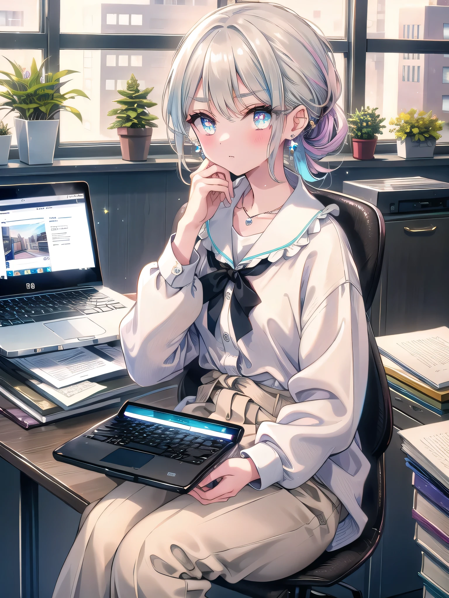 ((8k, Highest quality, masterpiece: 1.3)),Ultra-high resolution,(1 girl, alone), (Color changing eyes, Ultra-detailed, Expressive brilliance, Glitter, Glowing Eyes), Highly detailed eyes, Highly detailed face, Random Hair, ((pastel colour))The woman is at her office desk, focused on her laptop while reviewing documents. The desk is organized with a sleek laptop, a notepad, a pen holder, and a small potted plant. She’s wearing a light blue blouse tucked into beige slacks, paired with simple black loafers. Her hair is neatly tied back in a low ponytail, and she’s wearing minimalistic jewelry—a small silver necklace and stud earrings. She looks at the camera with a focused expression, slightly furrowing her brows, showing her dedication to her work.