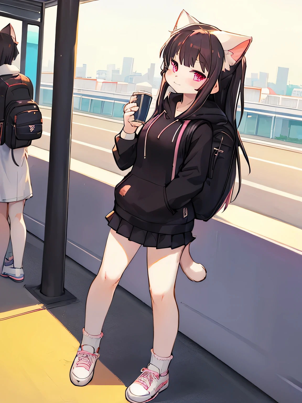 ((Kemono, solo, female, cat, black hair, pink eyes, white fur color, long hair, wear white hoodie with black logo, wear black skirt, wear white socks, wear white shoes, wear black school backpack, wear smart watch, 1 tail, cat tail)), look at viewers, smile softly, blushes, standing, holding drinks cup, (school background, modern, Bangkok city style, bus parking, daytime, city), medium views height, face focus, by eisuke_art