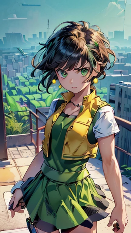 ((1girl, ppgzbtc), (extremely detailed CG unit 8k wallpaper),(master part), (best quality), (ultra detail), (best illustration),(Deodato), cowboy shot, (Sharp eyeliner, ombre, detail eyes:1), landscape, building, outdoors background, ,break , (city scene), upper body, standing,(green eyes, short hair, earrings, yellow vest, green skirt)