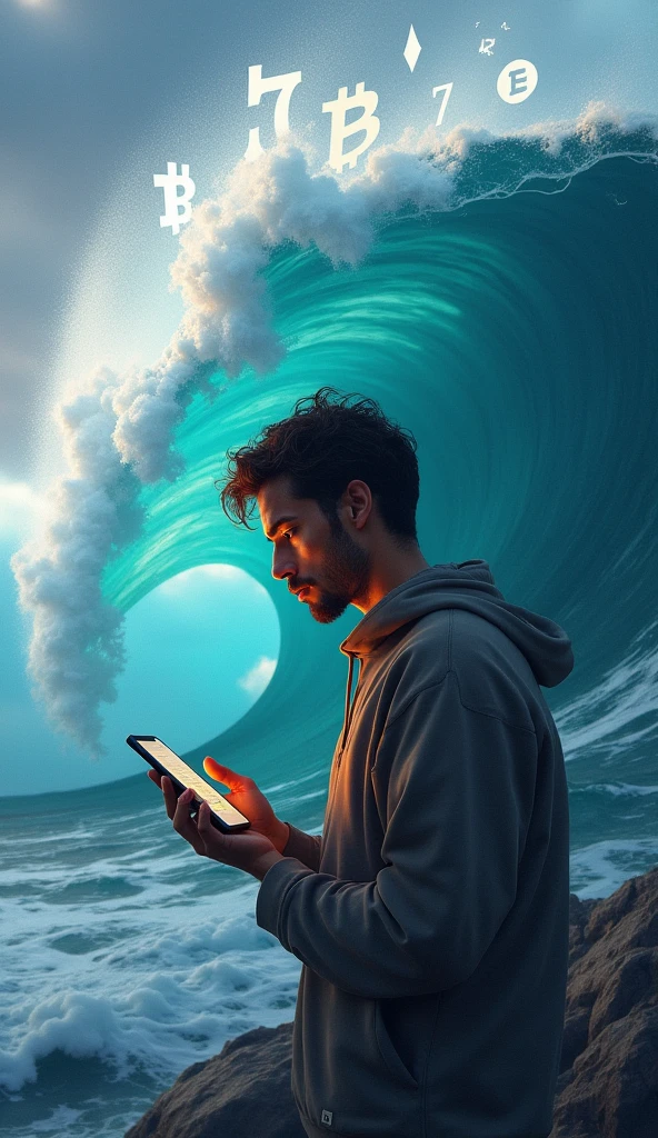 The person is looking thoughtful, with a smartphone in one hand and a rising wave graphic in the background. The wave could have small cryptocurrency symbols like Bitcoin, Ethereum, etc., riding it.