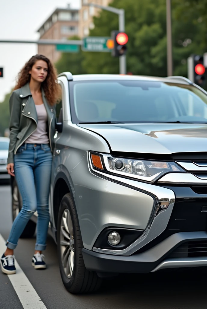 Create a photograph of a dented front of a mitsubshi outlander silver in a 4 junction after a small accident with a girl on the road a few meters away from the car