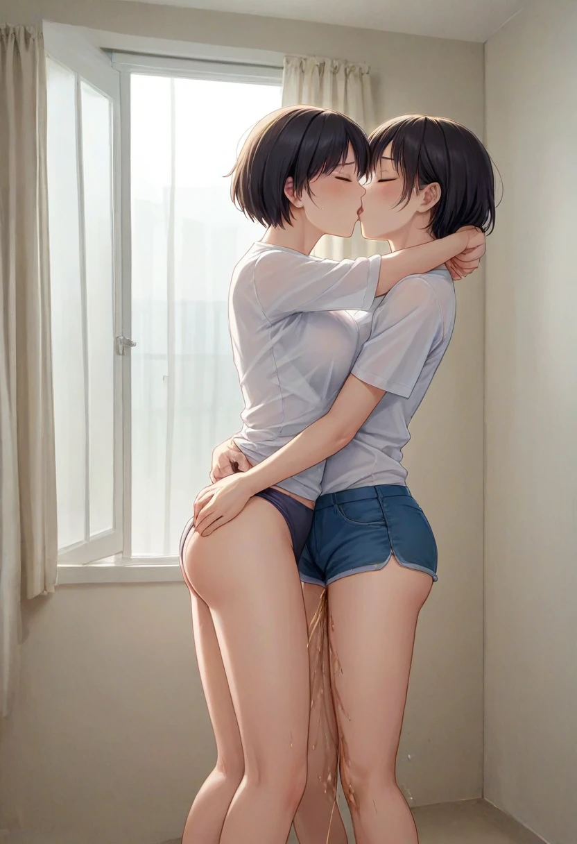 (Practical, photo-Practical:1.4), (best quality,masterpiece:1.2), RAW photos, high resolution, Intricate details, Extremely detailed, Clear focus, Movie Lighting, (whole body, Frontal photography:1.5), (couple, Two girls, A tall girl and a short girl:1.6), Japanese women standing, (couple hugging tightly each other and kissing roughly:1.5), (Grabbing another person's arm, Grab someone else's ass), Leaning against the wall outside the classroom, The face becomes smaller, Thin, slim的, slim, Thin legs, (Casual suits, skirt, Bare Legs, sock, Loafers, Wearing Tokiwadai School:1.4), Black Hair, (Delicate face, Beautiful and delicate eyes, Delicate nose), Pale skin,
(Own, Frequent urination while hugging each other, urination:1.8), (big piss pit, Urine stains, Urine runs down the legs),
Photo Background, indoors, hall,