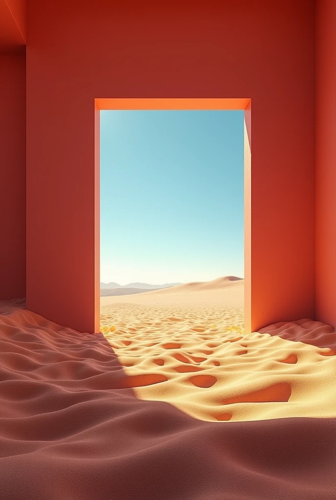 Please generate a picture of a big uidling where there is sand inside the room and red light but though the window you can only see the blue sky. it should be realsitic. there should be a big square window. the format should be JPG-Format, 3000 x 3000 px. the viewer looks form inside to outside i a big blue sky
