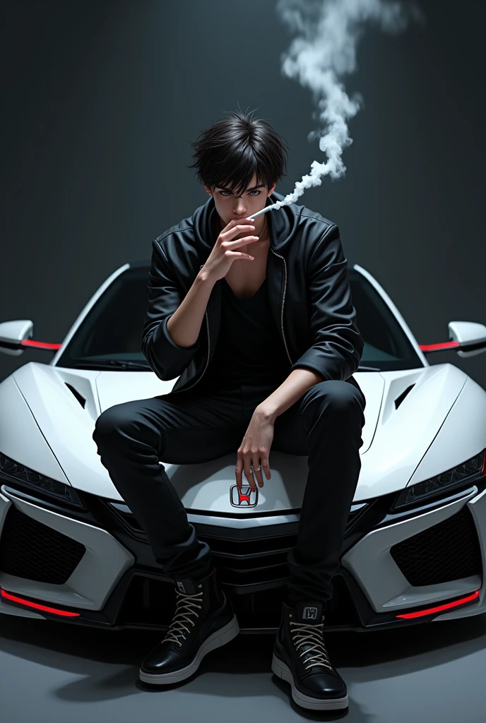 a boy with name NICHI, sitting on a car HONDA NSX R, a boy cigarette smoking, realistic artstyle, realism artstyle, e-boy, realistic art style, striking detailed artstyle, photorealistic artstyle, photorealistic!!!!!!! art style, [ 4 k digital art ]!!, dark but detailed digital art